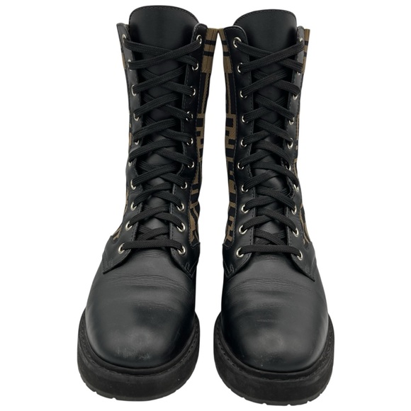 Fendi FF Rockoko Stretch Fabric Black Leather Combat Biker Boots EU 37 US 7 - Picture 3 of 10